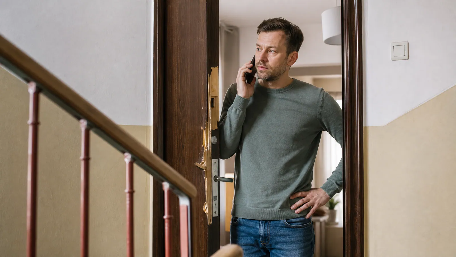 Wyważone drzwi wejściowe mieszkania z uszkodzoną framugą przy zamku i lokator przy telefonie