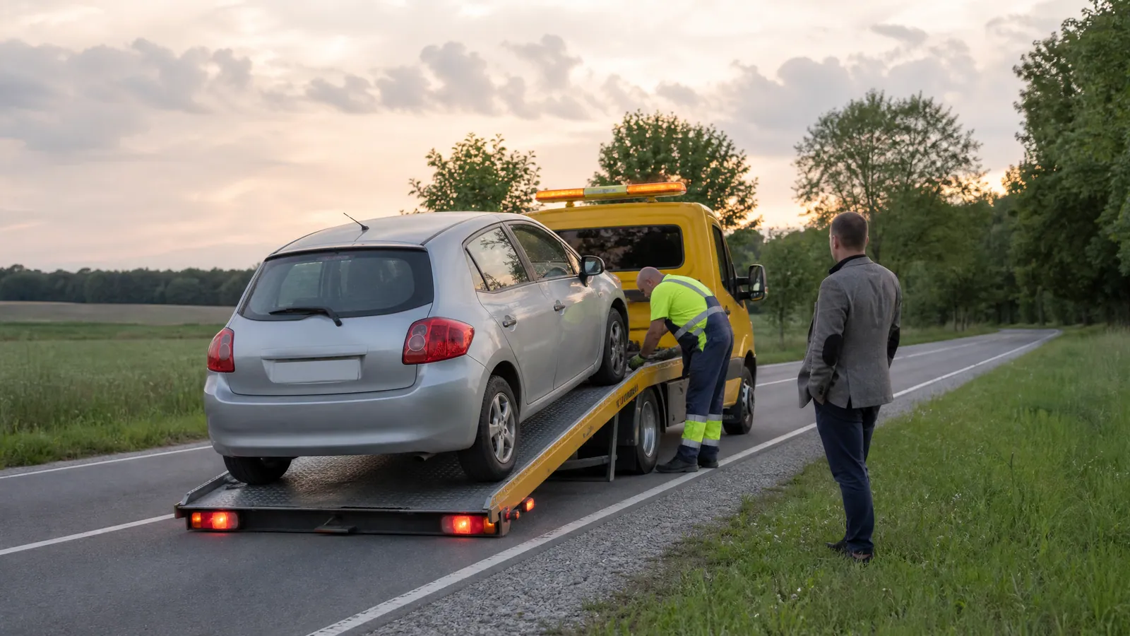 Samochód osobowy wciągany na lawetę na poboczu wiejskiej drogi o zmierzchu