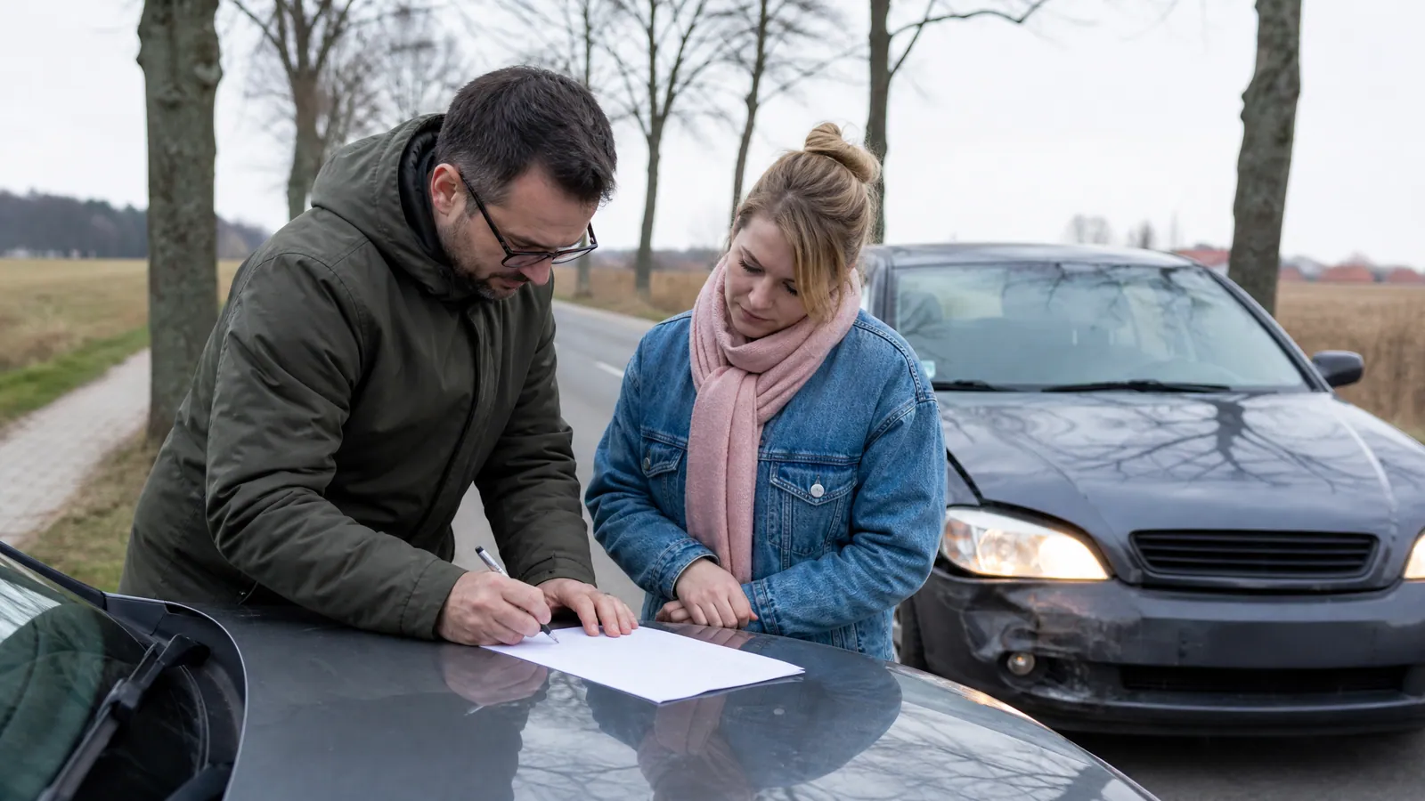 Dwóch kierowców wypełnia kartkę na masce auta obok lekko wgniecionego zderzaka