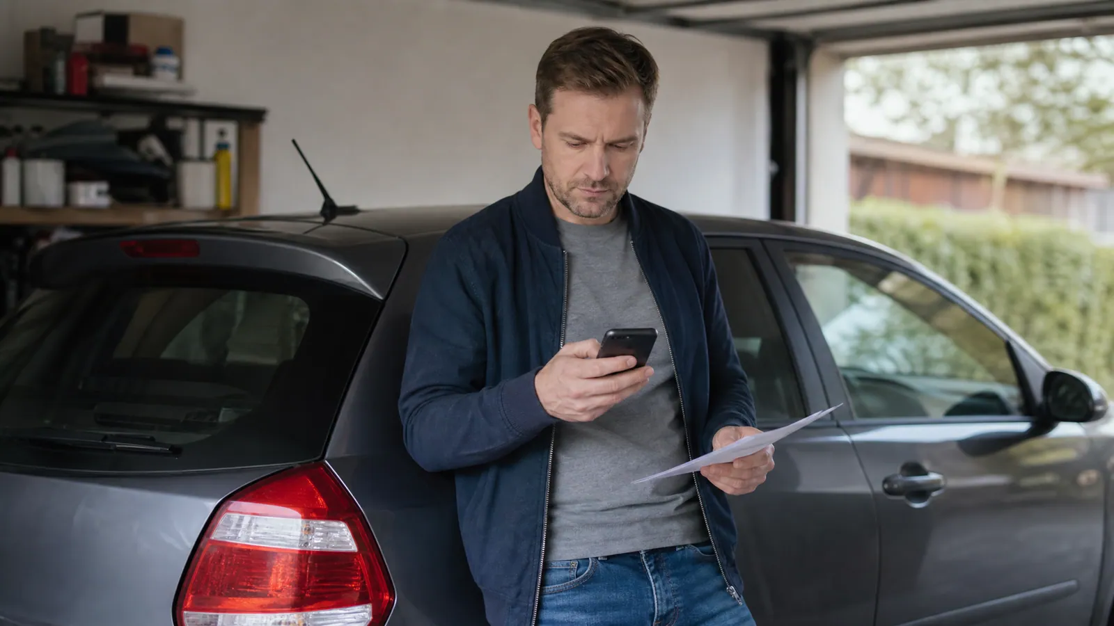 Właściciel przy samochodzie w garażu sprawdza termin w kalendarzu na smartfonie