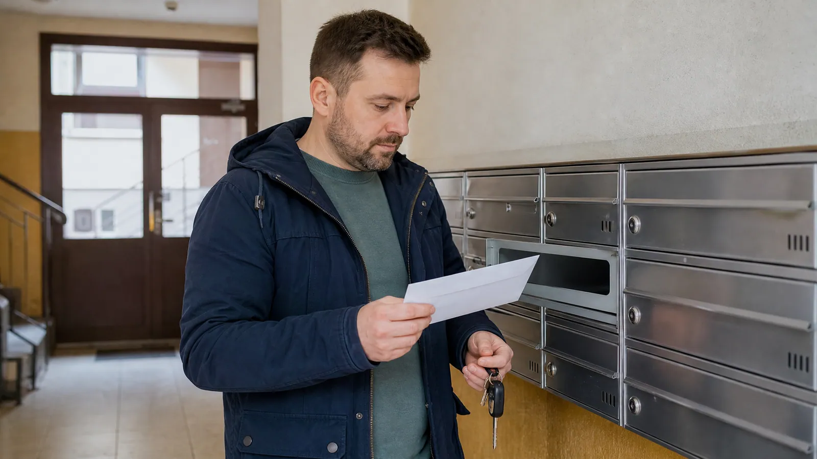 Mężczyzna wyjmuje urzędową kopertę ze skrzynki pocztowej na klatce schodowej bloku