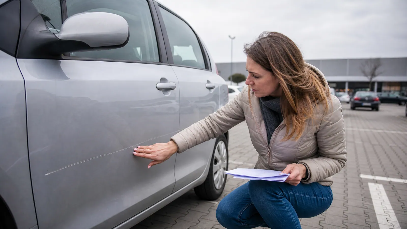 Kobieta ogląda długą rysę na drzwiach srebrnego auta na parkingu przy markecie