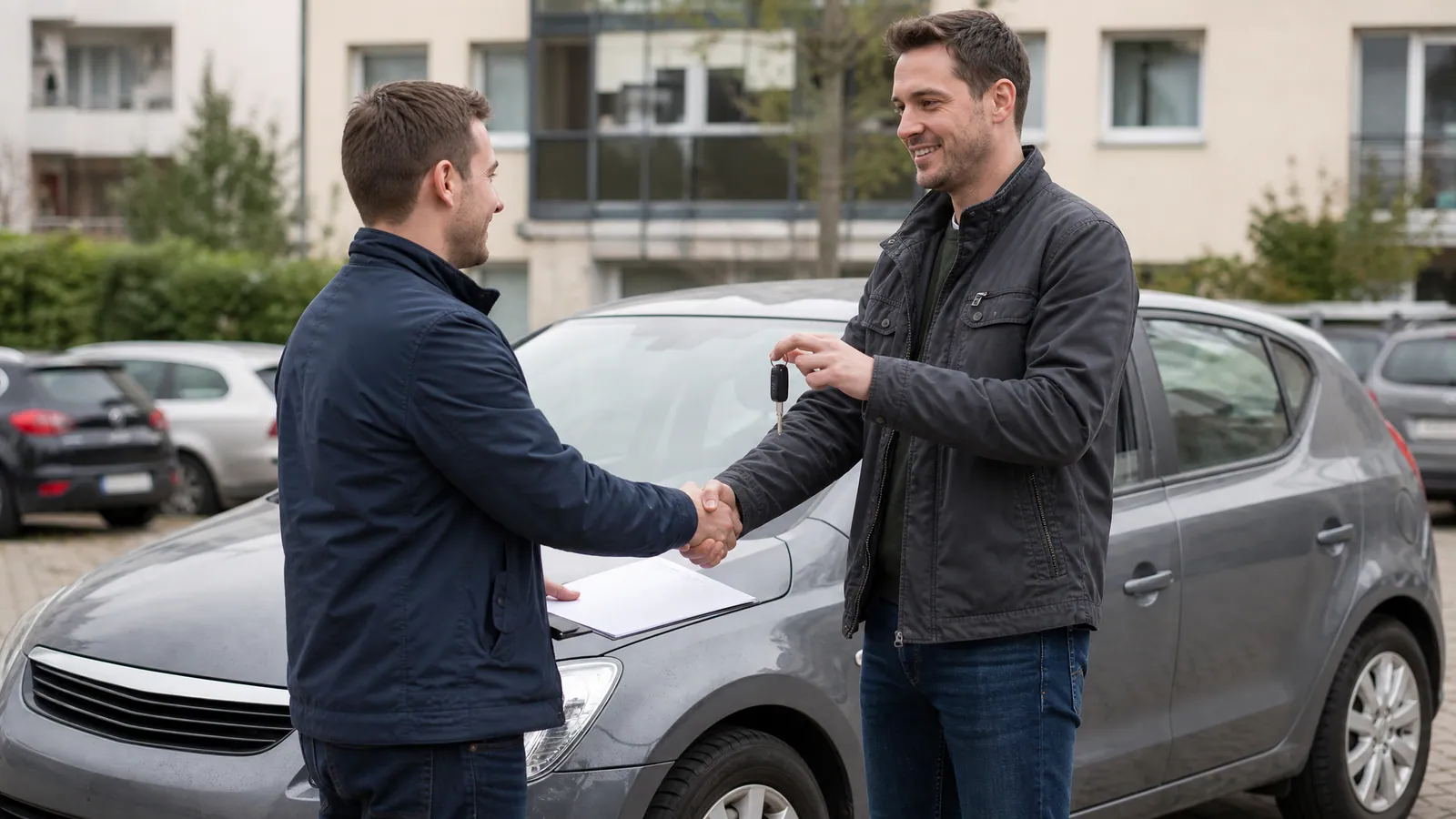Sprzedający przekazuje kluczyki kupującemu przy używanym aucie na osiedlowym parkingu