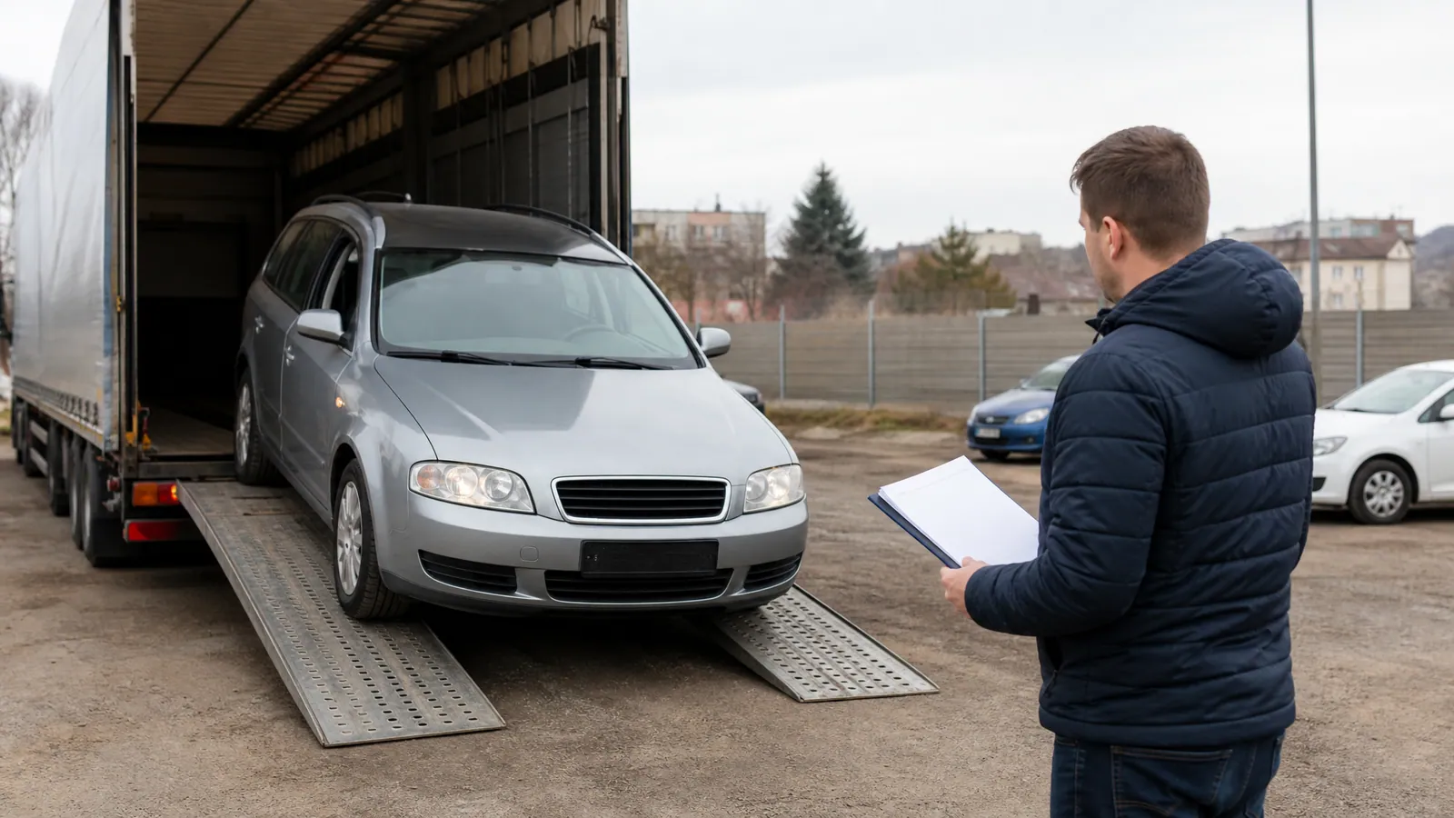 Używany samochód zjeżdża z naczepy autolawety, obok mężczyzna z teczką dokumentów