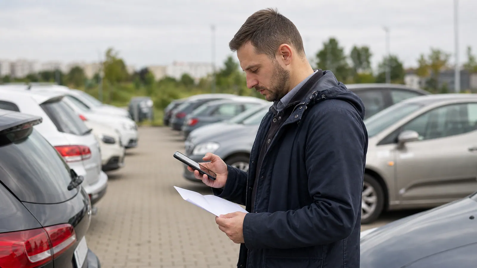 Mężczyzna sprawdza coś w smartfonie na parkingu między rzędami samochodów
