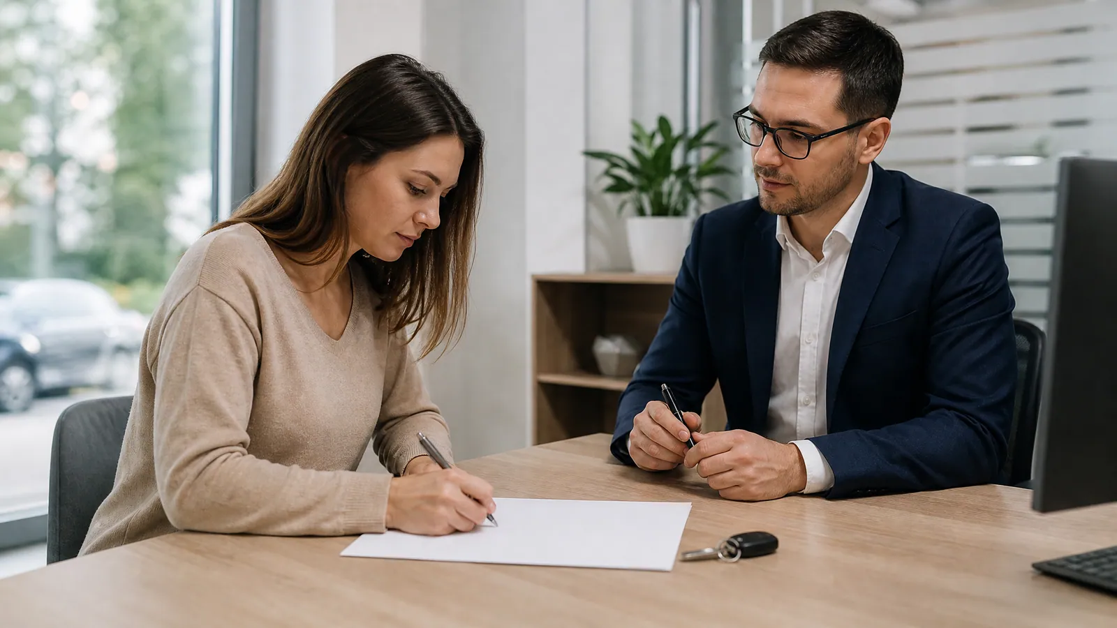 Klient podpisuje dokument przy biurku doradcy w banku, obok leżą kluczyki od auta