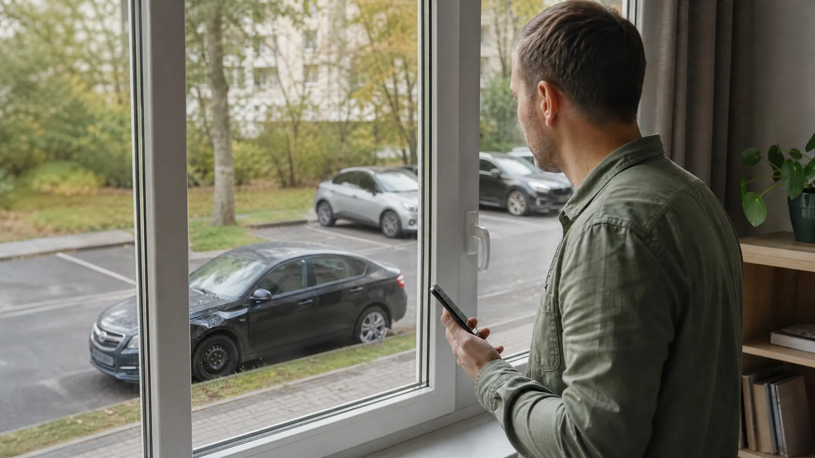 Mężczyzna z telefonem w dłoni patrzy przez okno na swoje uszkodzone auto na parkingu