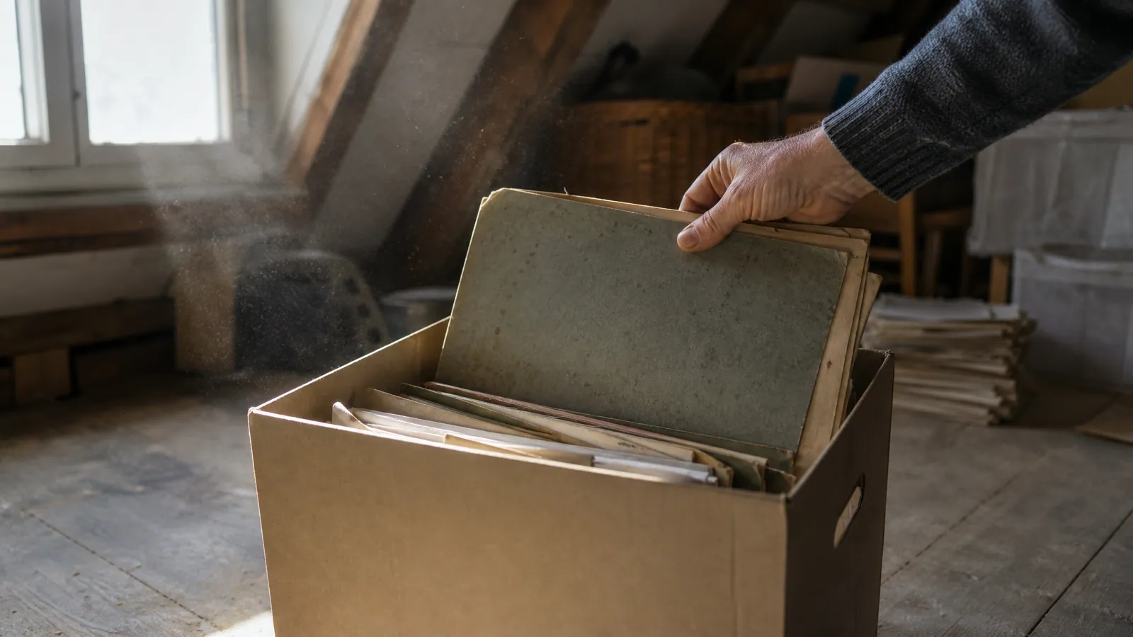 Dłoń wyjmuje wyblakłą teczkę z kartonu z archiwalnymi papierami na strychu