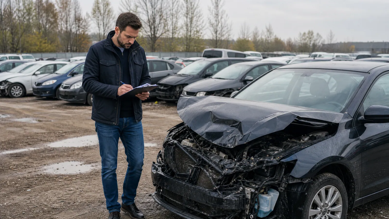 Rzeczoznawca z podkładką ogląda auto ze zgniecionym przodem na placu parkingowym