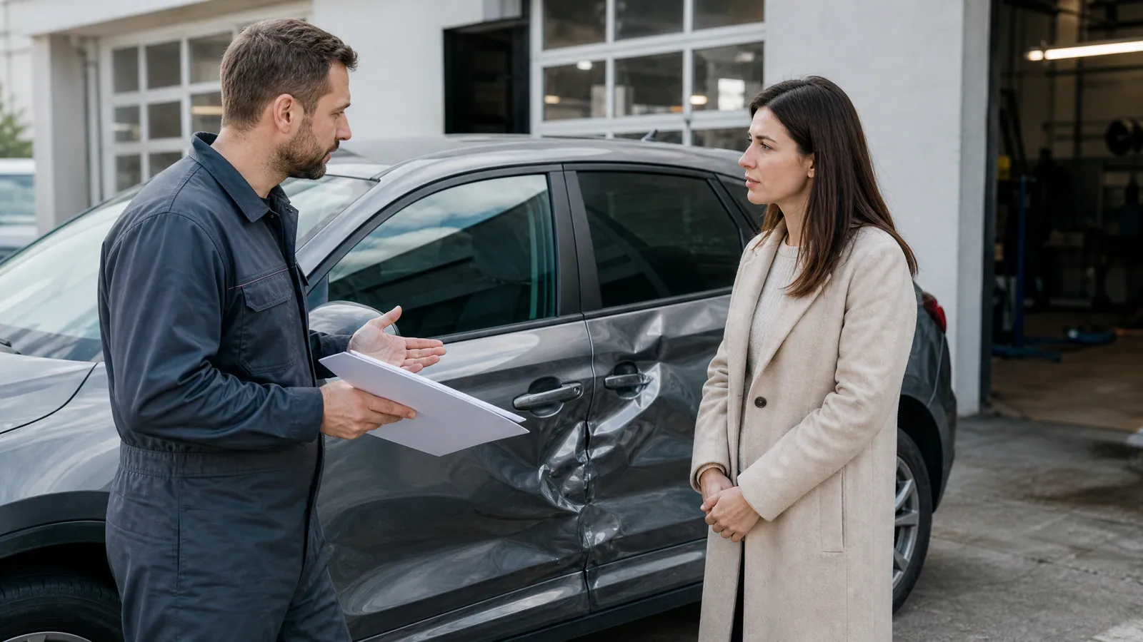 Mechanik rozmawia z właścicielką przy aucie z głęboko wgniecionym bokiem na placu warsztatu