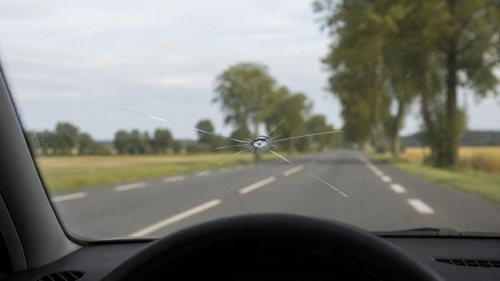 Pęknięcie rozchodzące się po szybie czołowej samochodu widziane z wnętrza auta