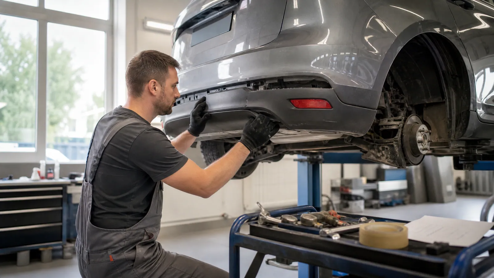Mechanik naprawia tylny zderzak samochodu w czystym i jasnym warsztacie blacharskim