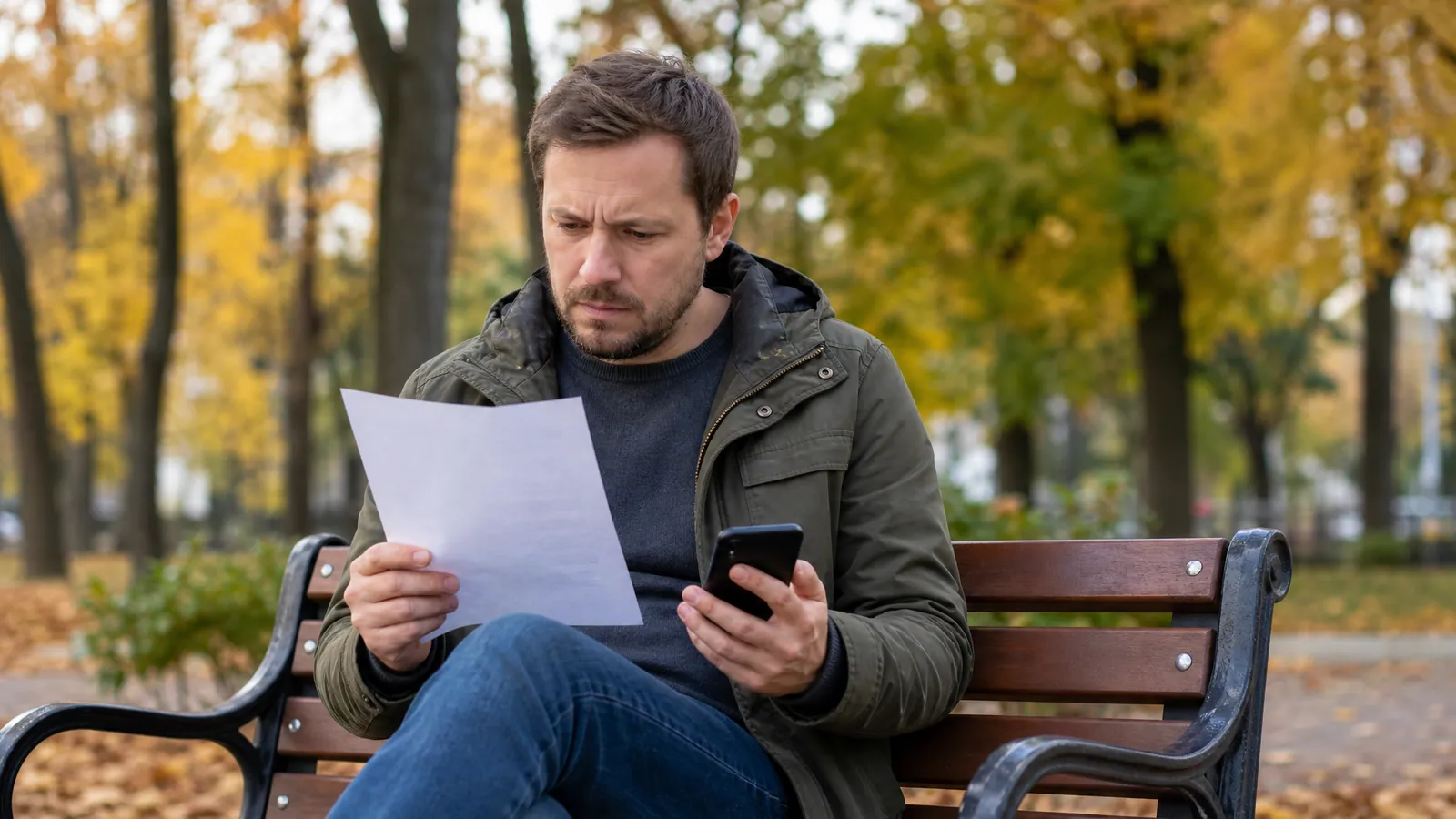Mężczyzna na ławce w parku czyta list z zatroskaną miną, w drugiej ręce trzyma telefon