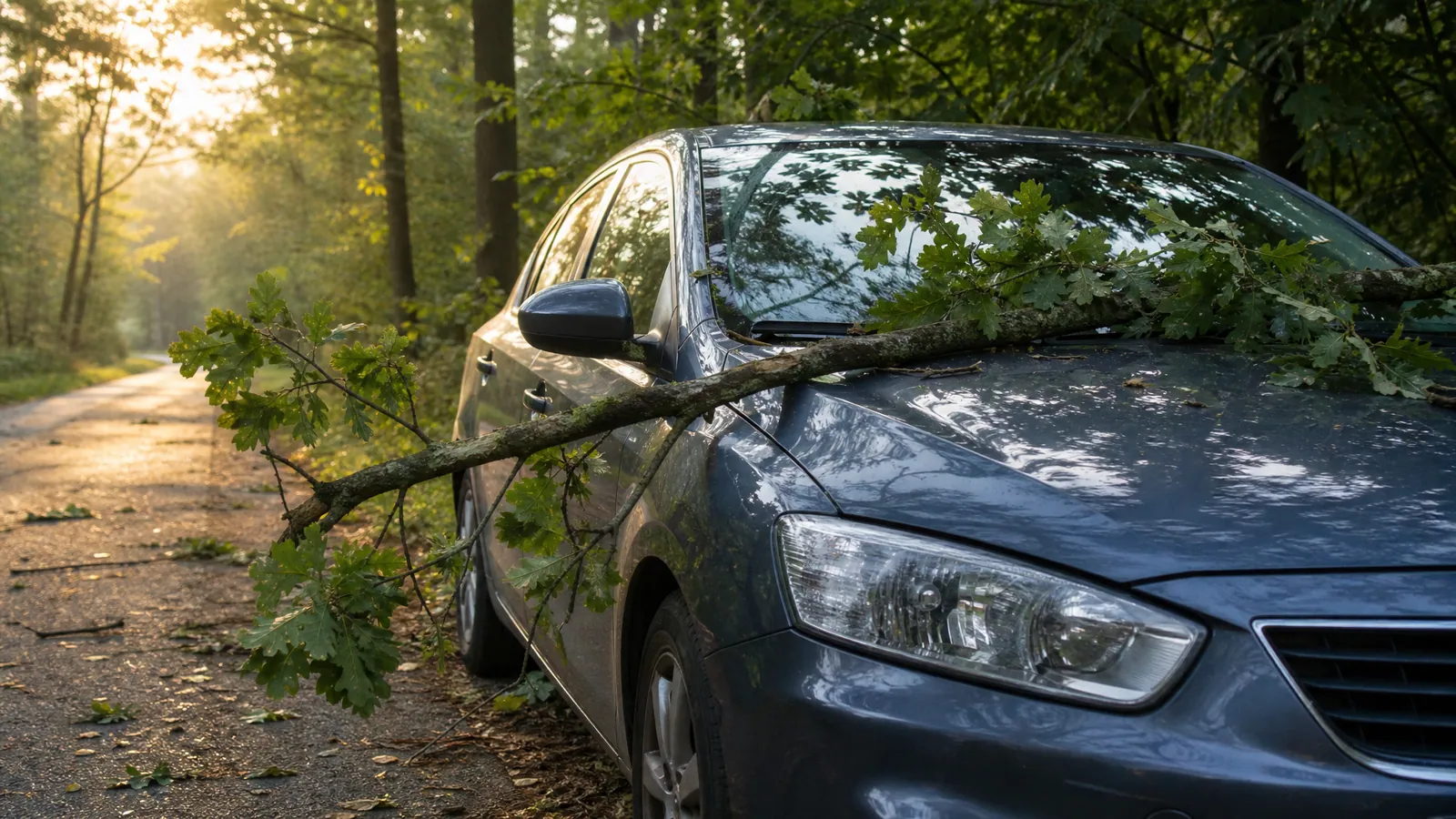 Gałąź leży na masce samochodu zaparkowanego na skraju lasu o poranku