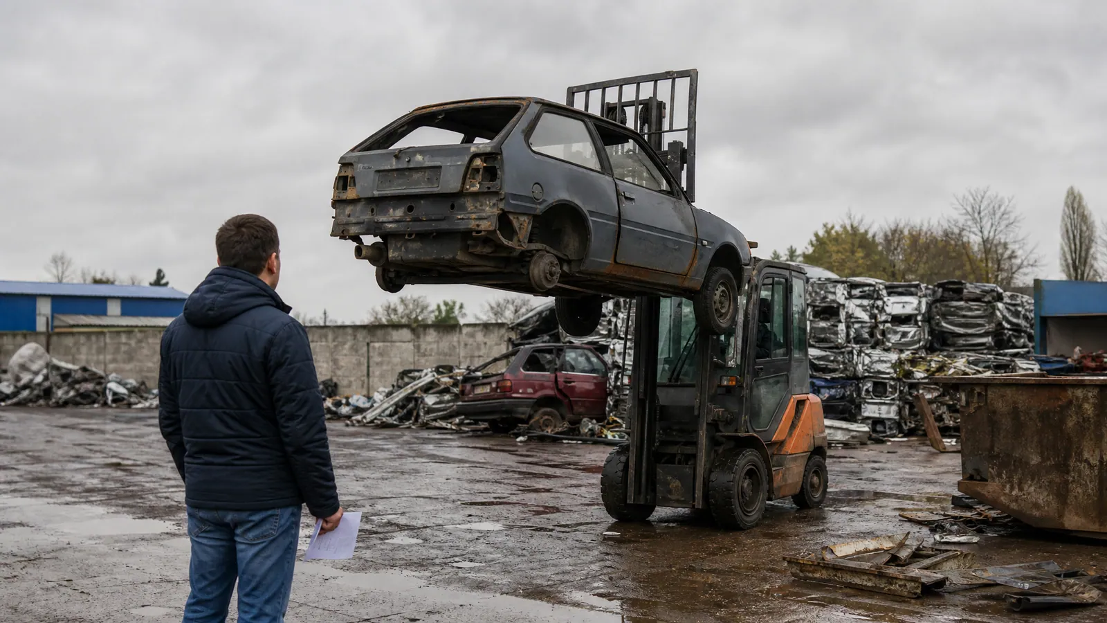 Wózek widłowy podnosi stare zardzewiałe auto na złomowisku, obok stoi właściciel