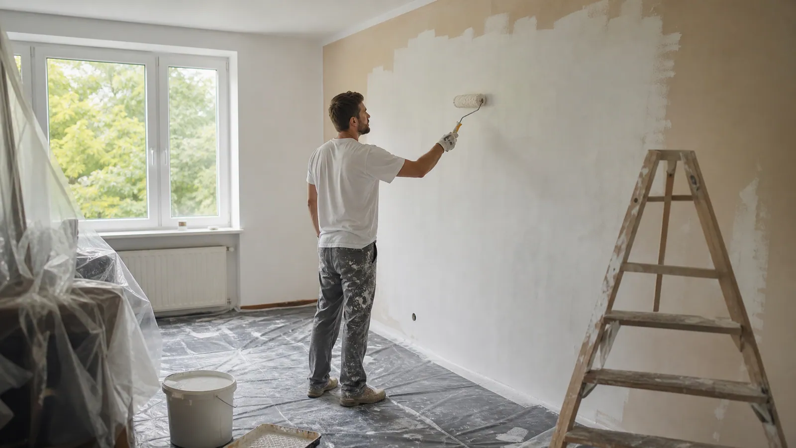 Malarz maluje ścianę w remontowanym mieszkaniu z podłogą osłoniętą folią