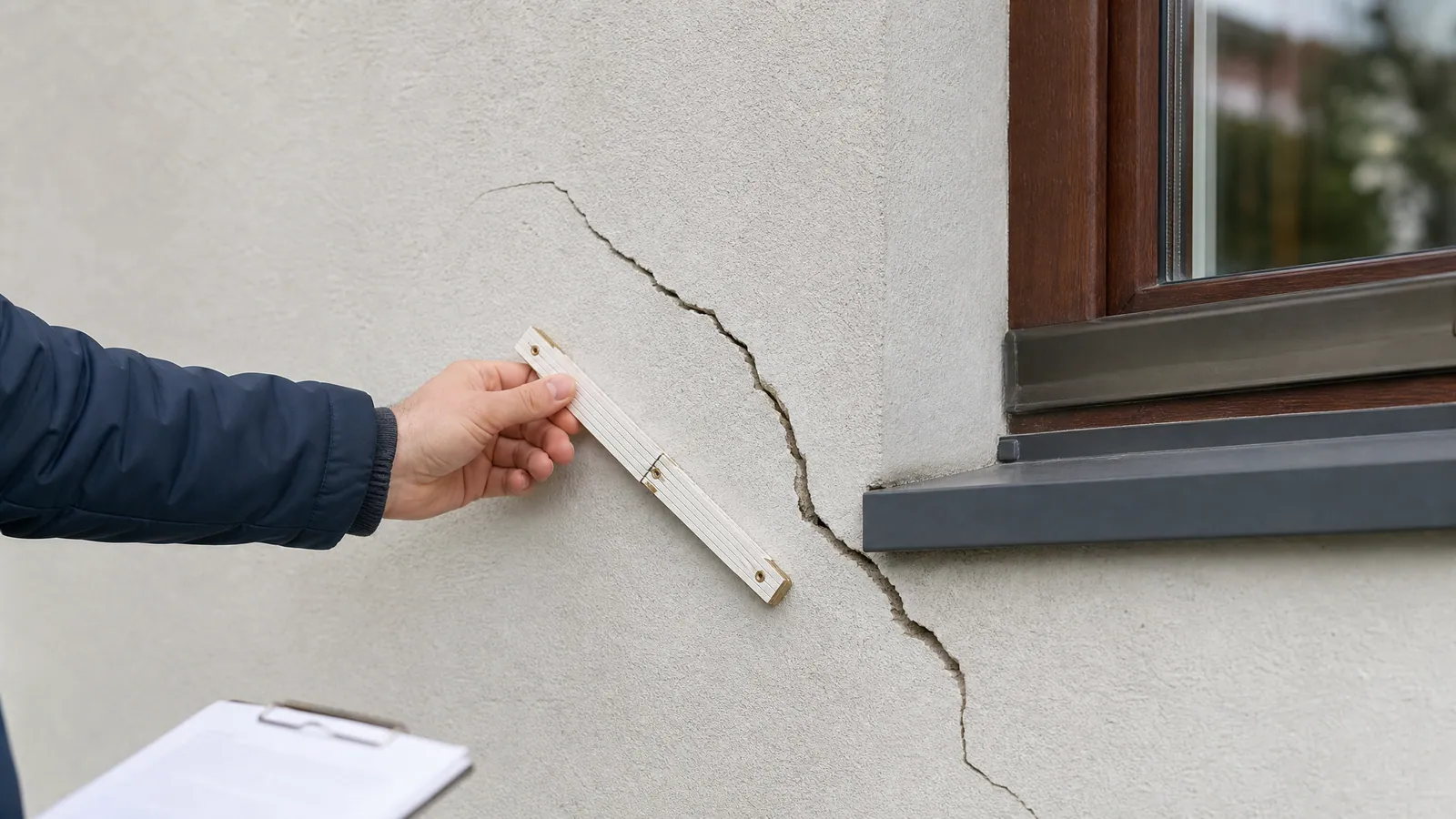 Ukośna rysa na otynkowanej ścianie przy narożniku okna i dłoń z miarką