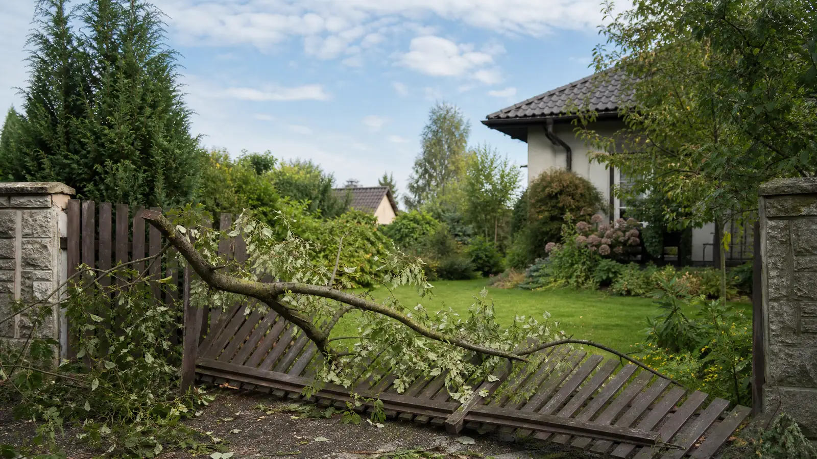 Przewrócone przęsło drewnianego płotu przygniecione gałęzią po burzy