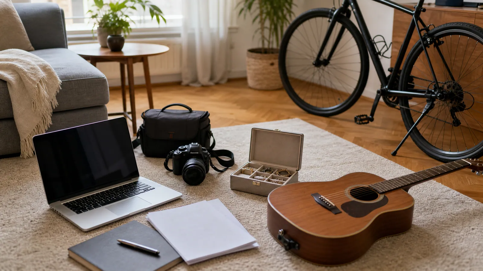 Laptop, aparat, gitara, szkatułka i rower ułożone na dywanie w salonie
