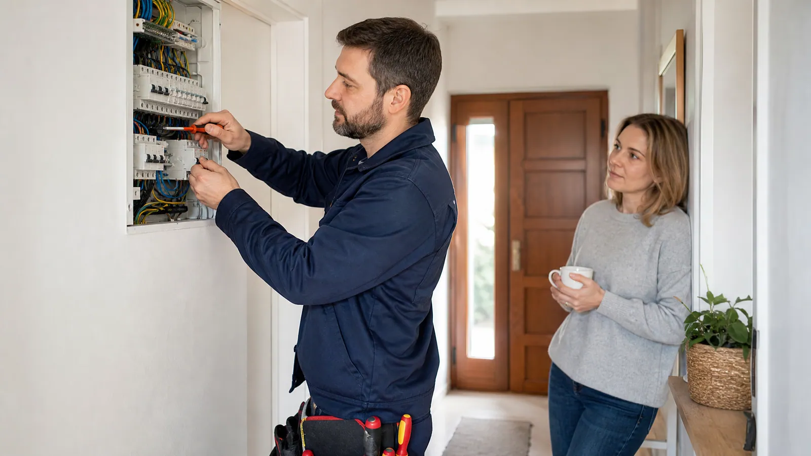 Elektryk pracuje przy otwartej rozdzielni w przedpokoju klienta