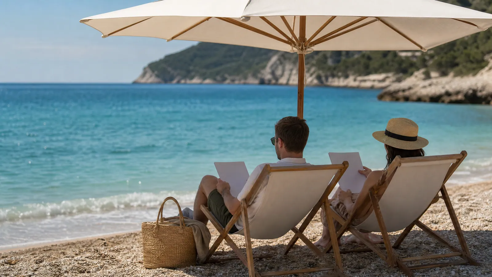 Para odpoczywa na leżakach pod parasolem na śródziemnomorskiej plaży