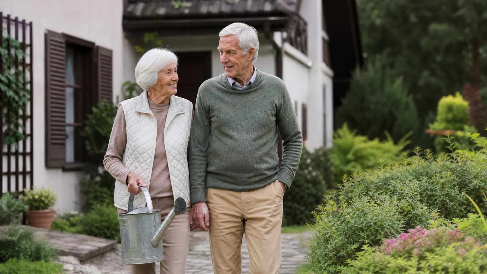 Para seniorów spaceruje po przydomowym ogrodzie, kobieta trzyma konewkę