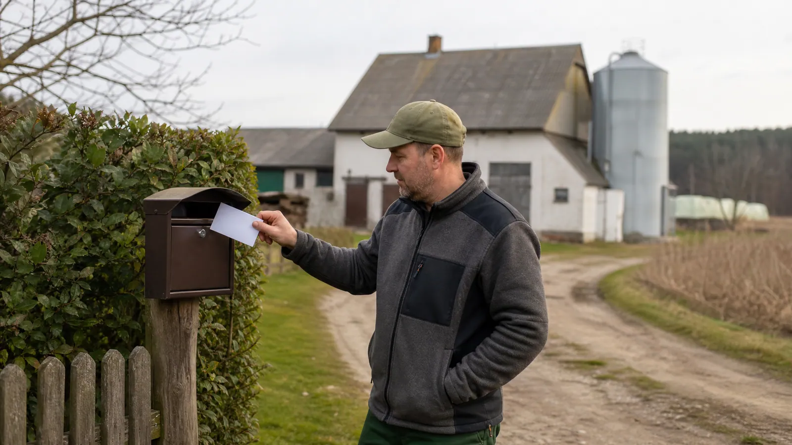 Rolnik wrzuca kopertę do skrzynki pocztowej przy drodze do gospodarstwa